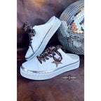 Chic slide-on tennis shoes with a leopard star and silver sparkle contrasts designed for fashionistas! True to size