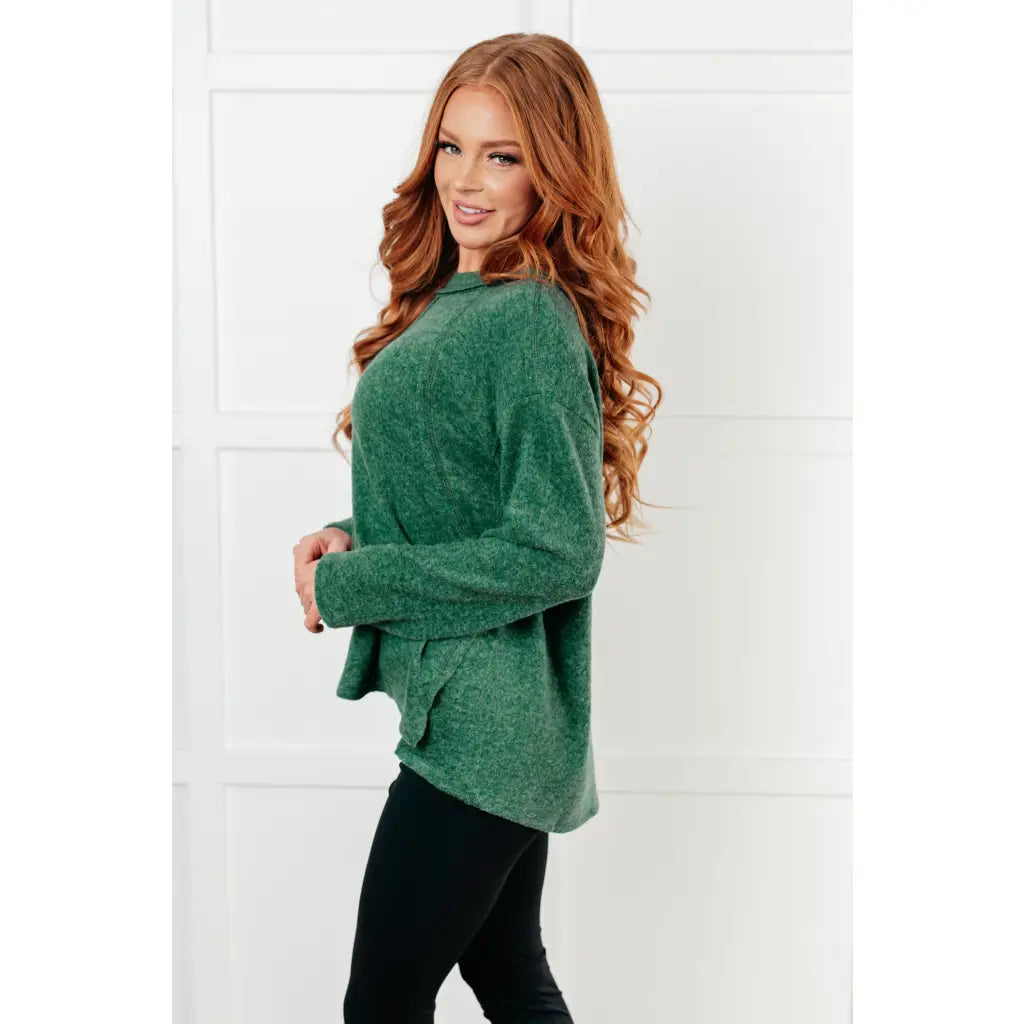 Take on the day in style and comfort with our Simply Soft Sweater Green. Made from luxurious stretchy brushed hacci