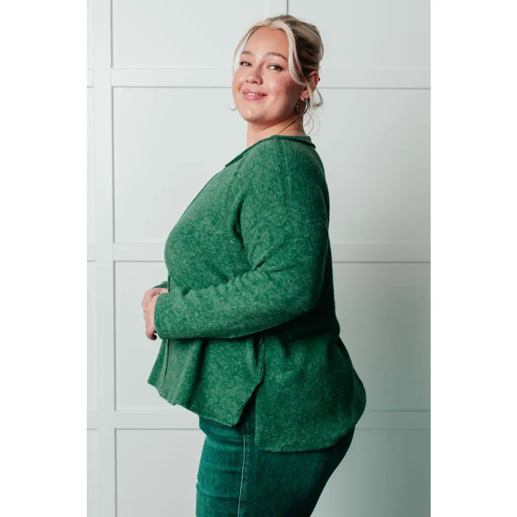 Take on the day in style and comfort with our Simply Soft Sweater Green. Made from luxurious stretchy brushed hacci