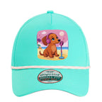 🧢 Flattering mini doxie women’s rope hat in fun beachy colors. Features cute and exclusive dachshund artwork by Sweet