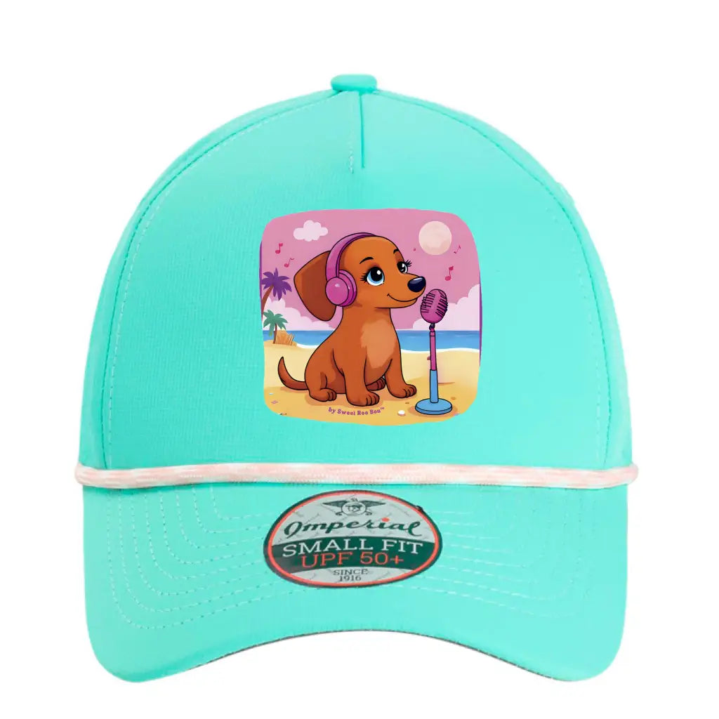 🧢 Flattering mini doxie women’s rope hat in fun beachy colors. Features cute and exclusive dachshund artwork by Sweet
