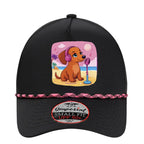 🧢 Flattering mini doxie women’s rope hat in fun beachy colors. Features cute and exclusive dachshund artwork by Sweet