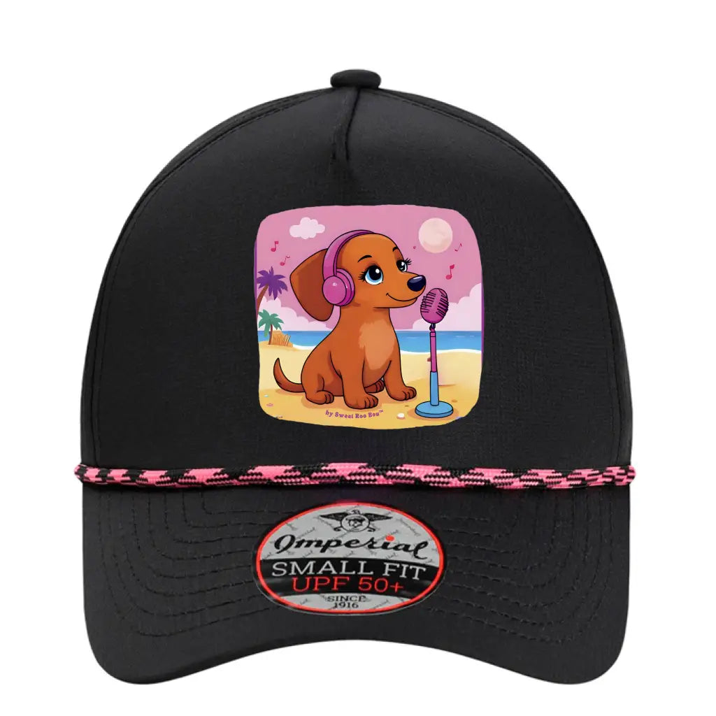 🧢 Flattering mini doxie women’s rope hat in fun beachy colors. Features cute and exclusive dachshund artwork by Sweet