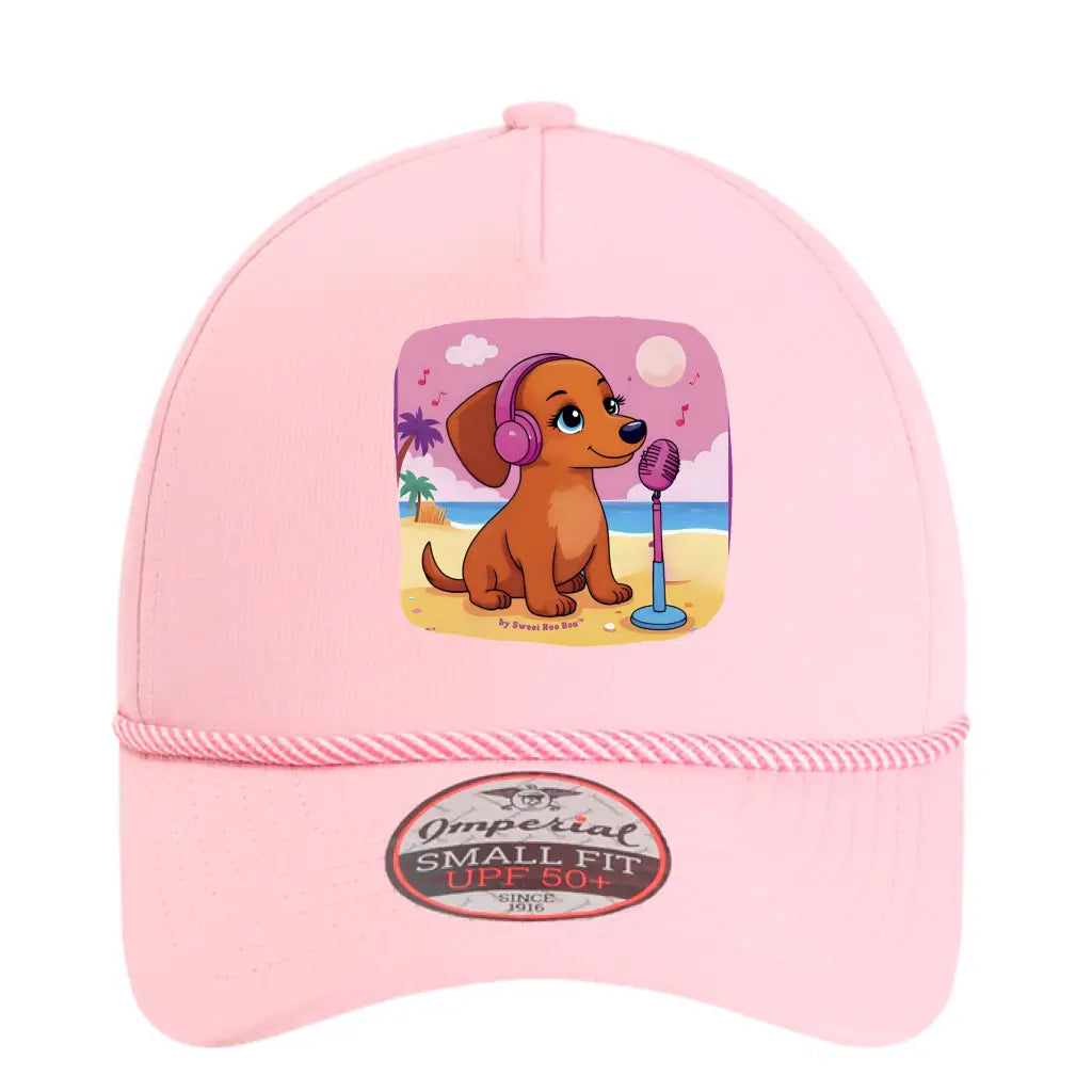 🧢 Flattering mini doxie women’s rope hat in fun beachy colors. Features cute and exclusive dachshund artwork by Sweet