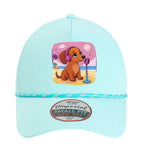🧢 Flattering mini doxie women’s rope hat in fun beachy colors. Features cute and exclusive dachshund artwork by Sweet
