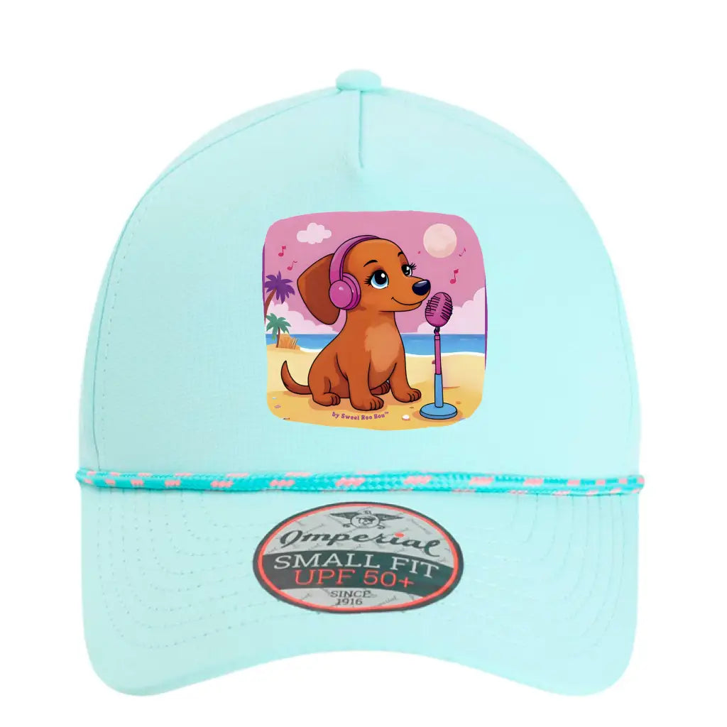 🧢 Flattering mini doxie women’s rope hat in fun beachy colors. Features cute and exclusive dachshund artwork by Sweet