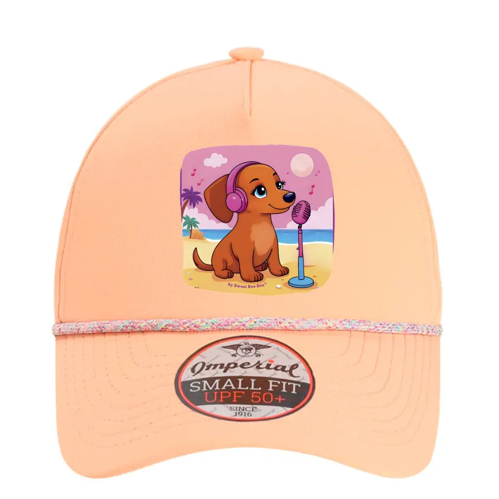 🧢 Flattering mini doxie women’s rope hat in fun beachy colors. Features cute and exclusive dachshund artwork by Sweet