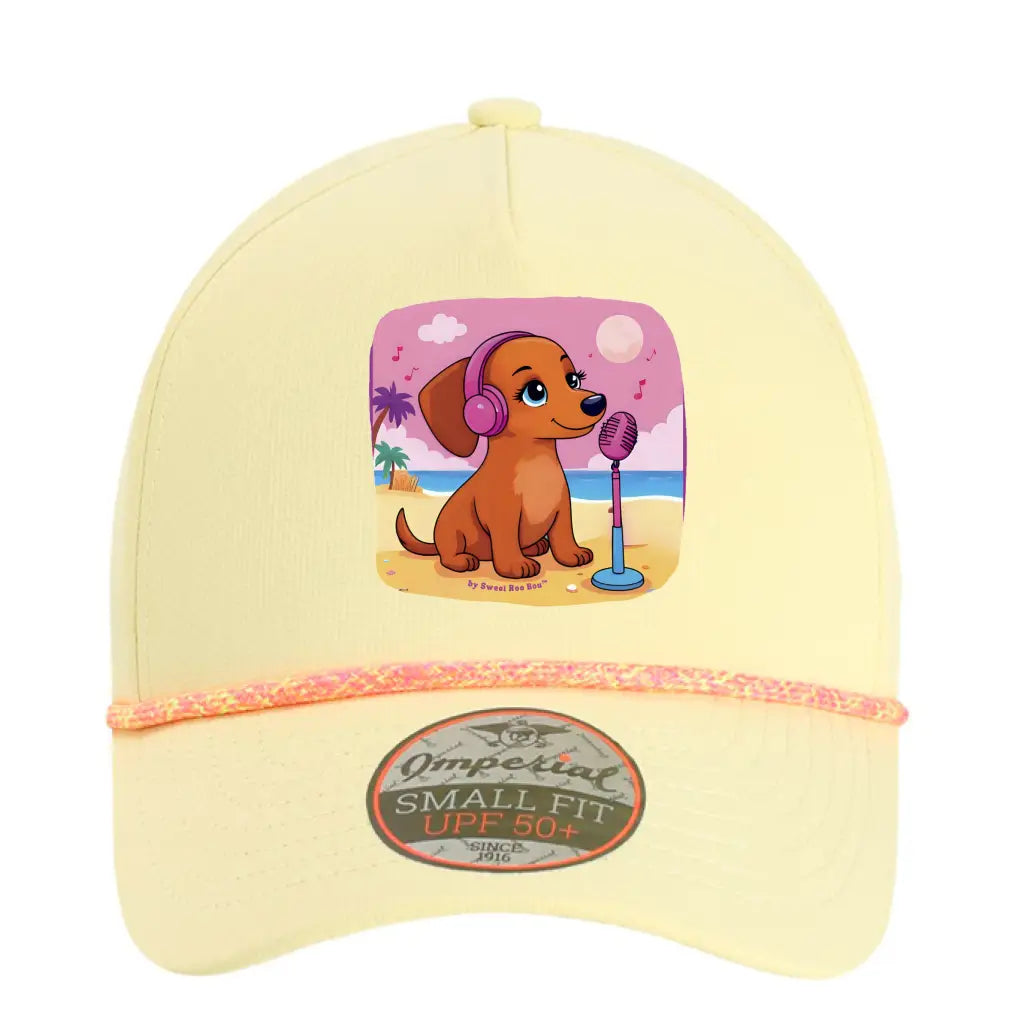 🧢 Flattering mini doxie women’s rope hat in fun beachy colors. Features cute and exclusive dachshund artwork by Sweet