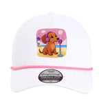 🧢 Flattering mini doxie women’s rope hat in fun beachy colors. Features cute and exclusive dachshund artwork by Sweet