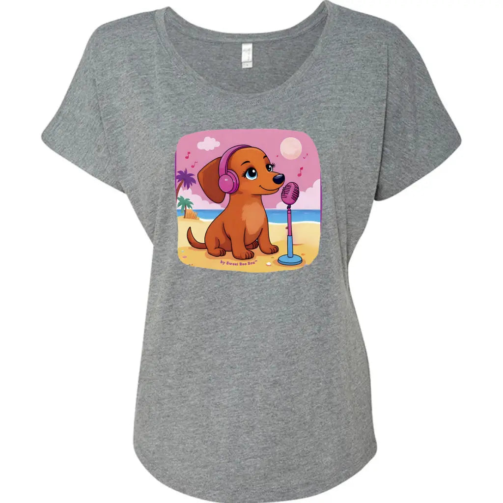 Flattering scoop-neck mini dachshund graphic dolman tee in sizes XS–3XL. Features original artwork by Sweet Roo Bou™