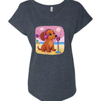 Flattering scoop-neck mini dachshund graphic dolman tee in sizes XS–3XL. Features original artwork by Sweet Roo Bou™