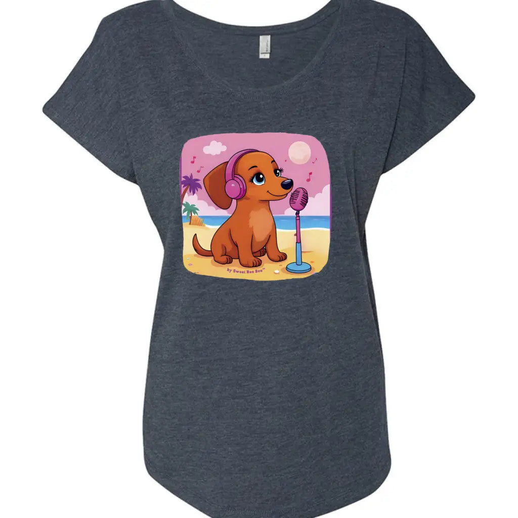 Flattering scoop-neck mini dachshund graphic dolman tee in sizes XS–3XL. Features original artwork by Sweet Roo Bou™