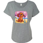 Flattering scoop-neck mini dachshund graphic dolman tee in sizes XS–3XL. Features original artwork by Sweet Roo Bou™