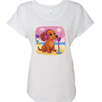 Flattering scoop-neck mini dachshund graphic dolman tee in sizes XS–3XL. Features original artwork by Sweet Roo Bou™
