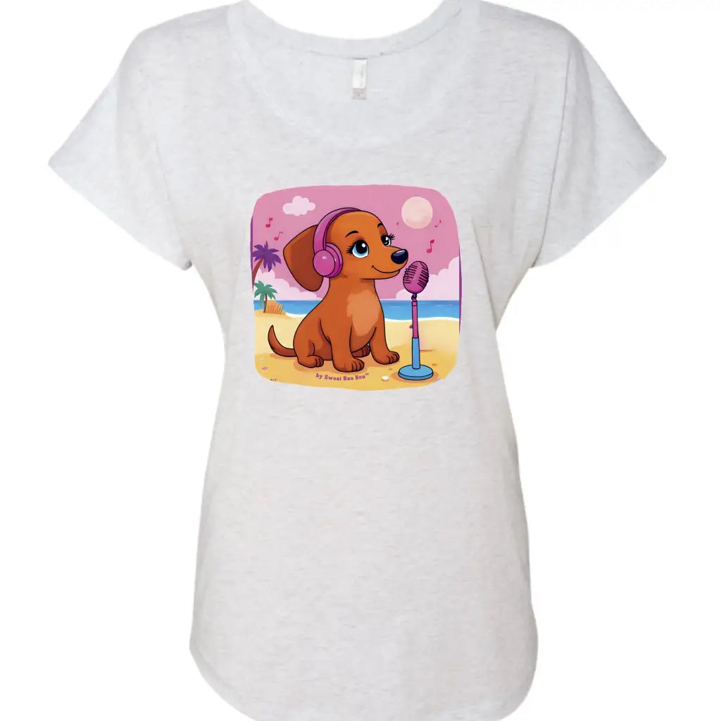 Flattering scoop-neck mini dachshund graphic dolman tee in sizes XS–3XL. Features original artwork by Sweet Roo Bou™