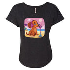 Flattering scoop-neck mini dachshund graphic dolman tee in sizes XS–3XL. Features original artwork by Sweet Roo Bou™