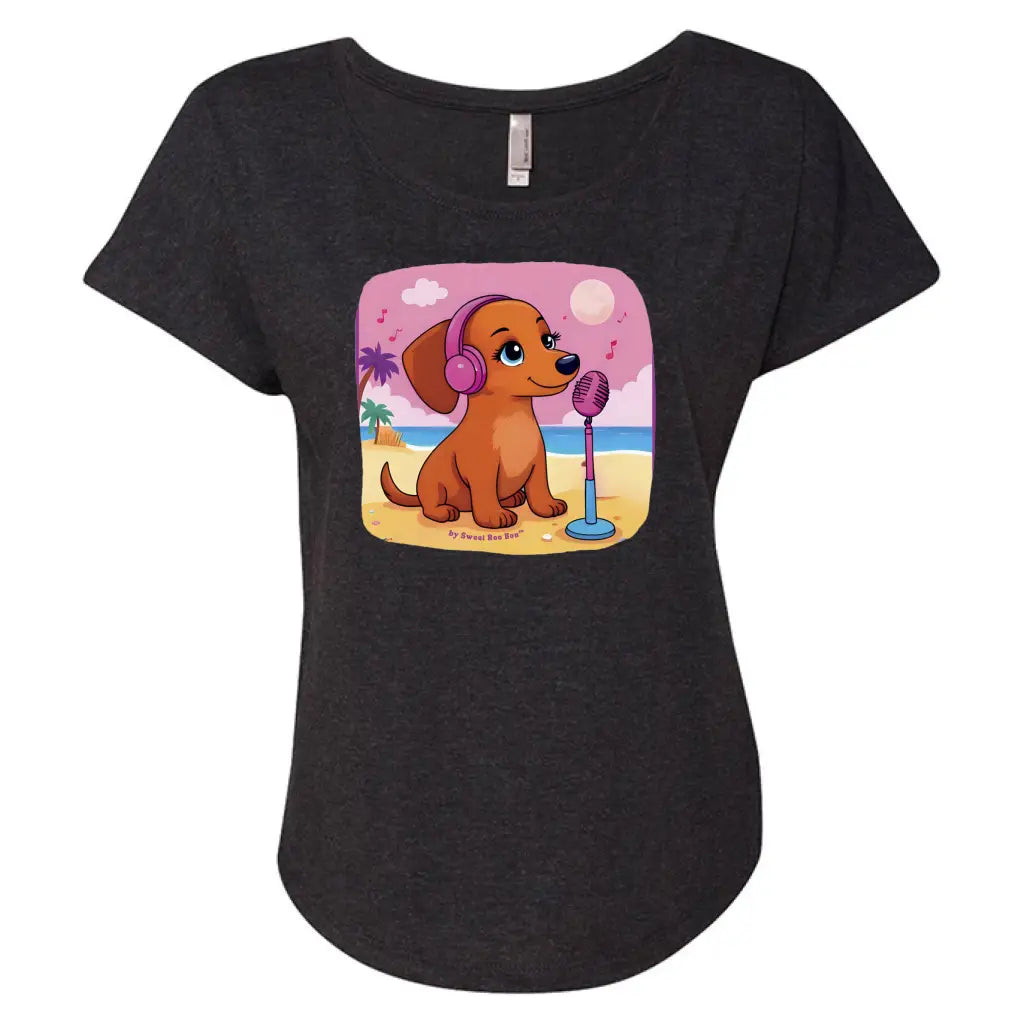 Flattering scoop-neck mini dachshund graphic dolman tee in sizes XS–3XL. Features original artwork by Sweet Roo Bou™