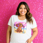Flattering scoop-neck mini dachshund graphic dolman tee in sizes XS–3XL. Features original artwork by Sweet Roo Bou™