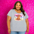 Flattering scoop-neck mini dachshund graphic dolman tee in sizes XS–3XL. Features original artwork by Sweet Roo Bou™