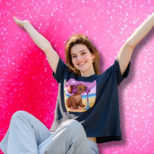 Flattering scoop-neck mini dachshund graphic dolman tee in sizes XS–3XL. Features original artwork by Sweet Roo Bou™