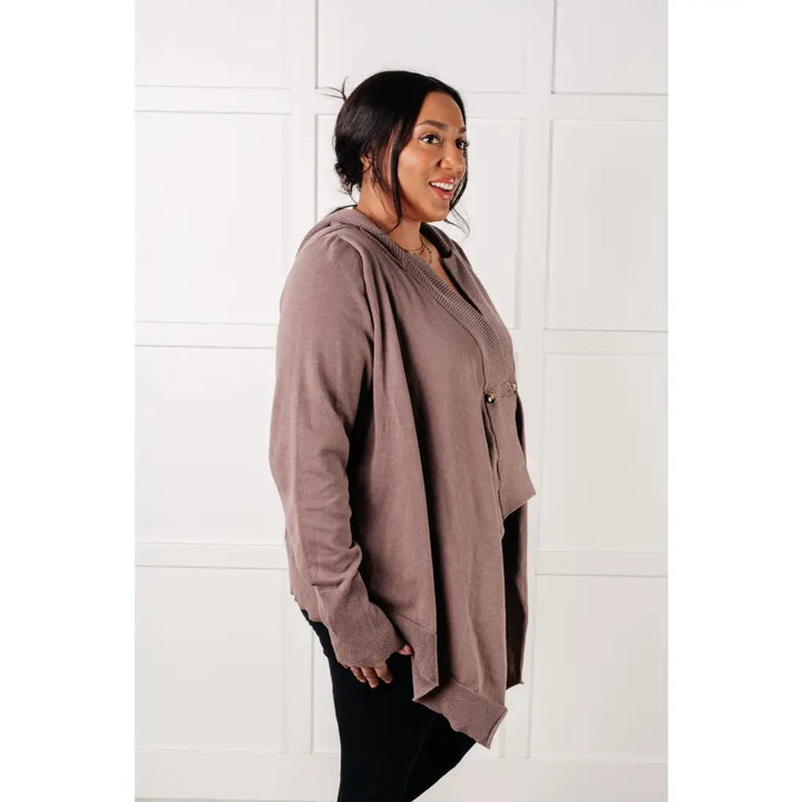 Sip and Click Cozy Hoodie Cardigan in Mocha - Layers