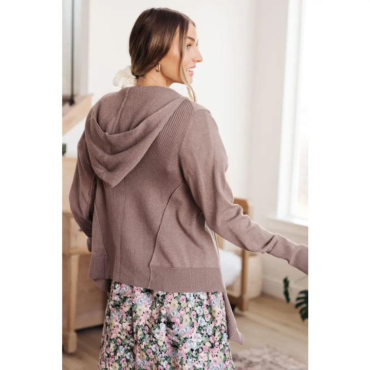 Sip and Click Cozy Hoodie Cardigan in Mocha - Layers