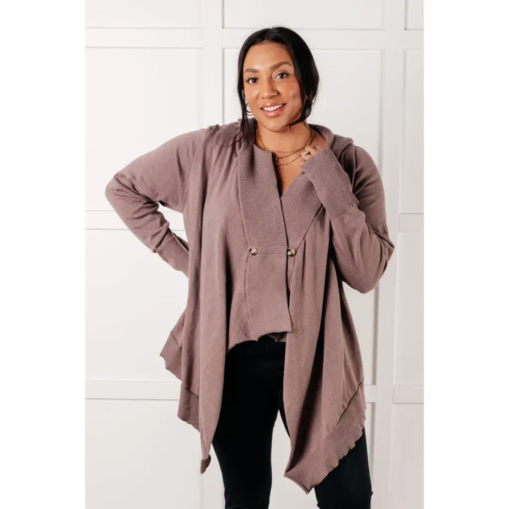 Sip and Click Cozy Hoodie Cardigan in Mocha - Layers