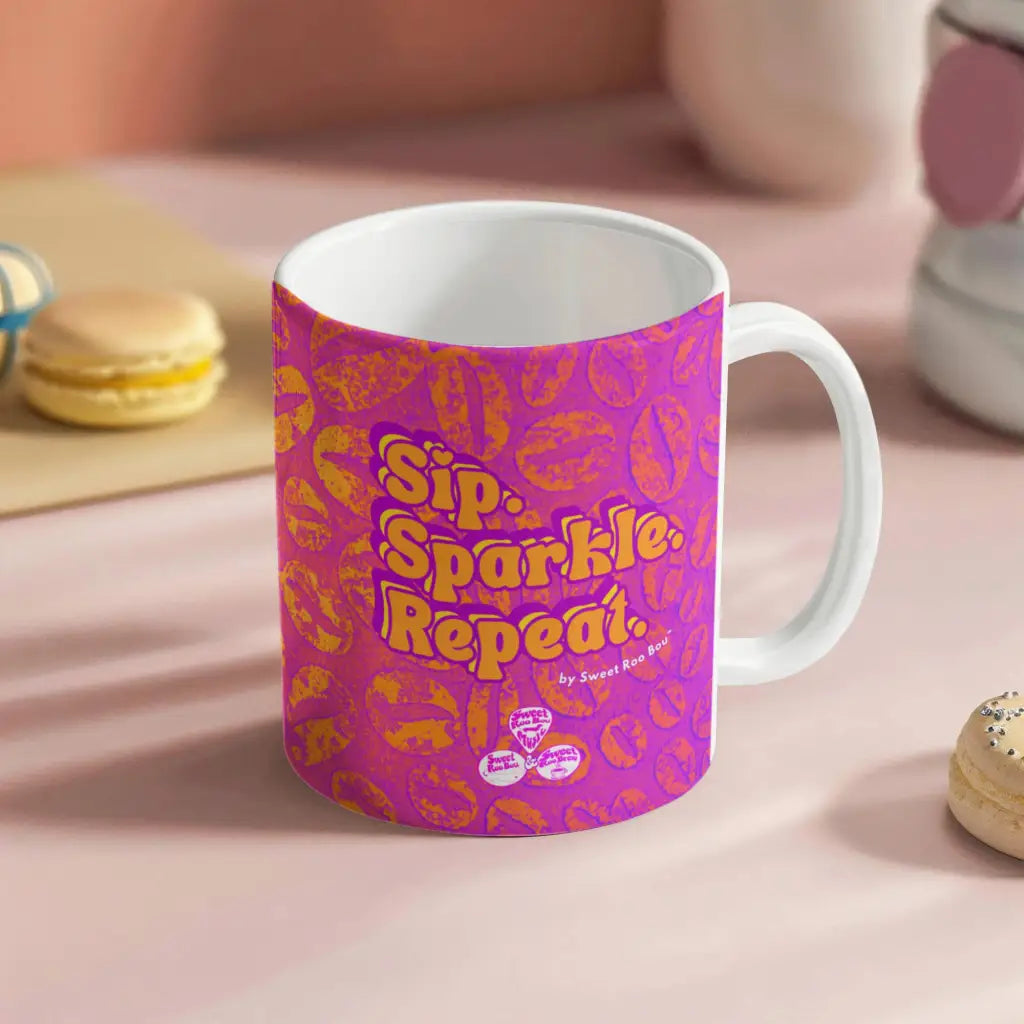 Classic white ceramic mug with Sweet Roo Bou™ design and Boujee Coffee Time© energy. Great gift in 11 or 15 oz.