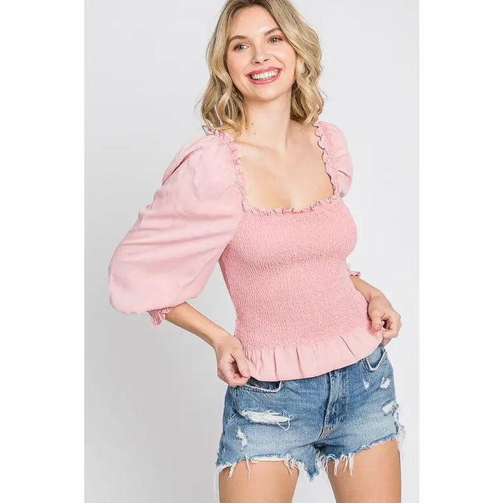Smocked and Ruffled Top in Blush Pink
