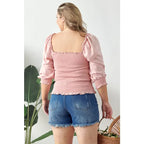 Chic and feminine blush pink smocked ruffled top with a chic square neckline. Available in standard plus sizes (SM-3XL).