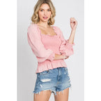 Chic and feminine blush pink smocked ruffled top with a chic square neckline. Available in standard plus sizes (SM-3XL).