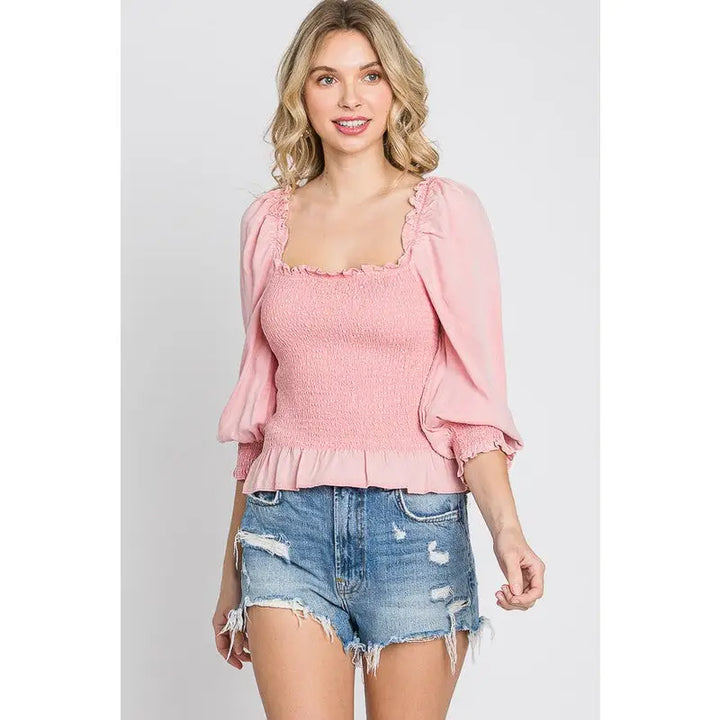 Smocked and Ruffled Top in Blush Pink - S