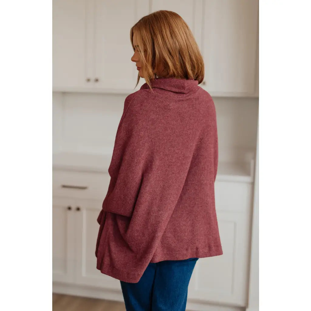 Our So Thankful Cowl Neck Poncho in Chestnut features a brushed ribbed hacci fabric for super soft and cozy texture