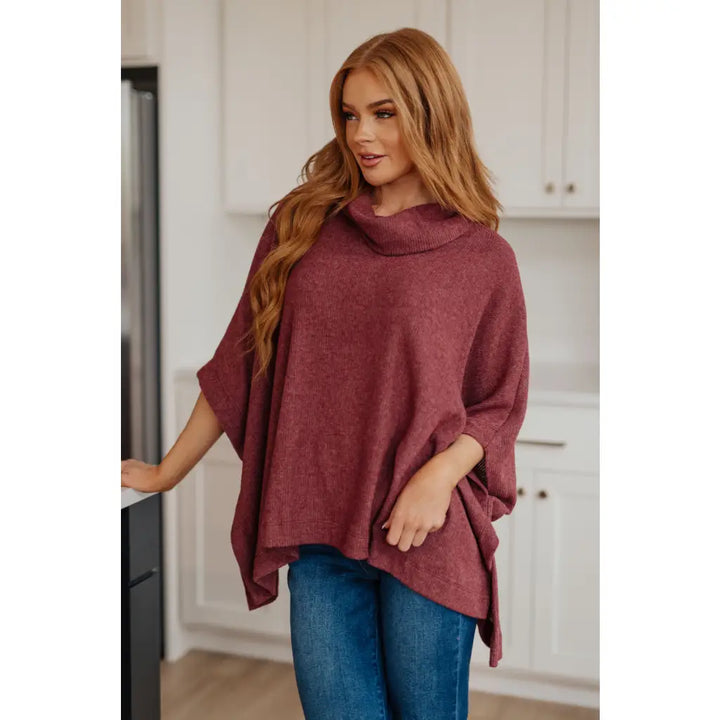 So Thankful Cowl Neck Poncho in Chestnut - Sweater