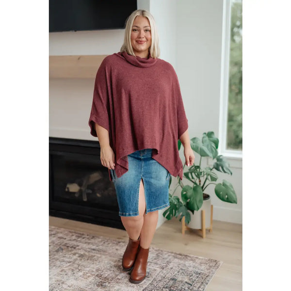 So Thankful Cowl Neck Poncho in Chestnut - Sweater