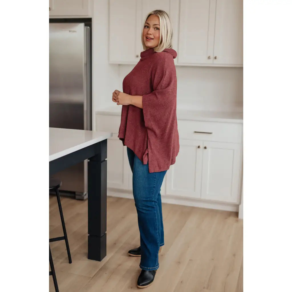 Our So Thankful Cowl Neck Poncho in Chestnut features a brushed ribbed hacci fabric for super soft and cozy texture