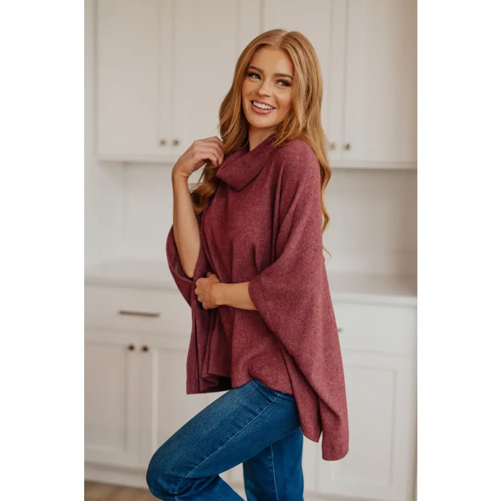 Our So Thankful Cowl Neck Poncho in Chestnut features a brushed ribbed hacci fabric for super soft and cozy texture