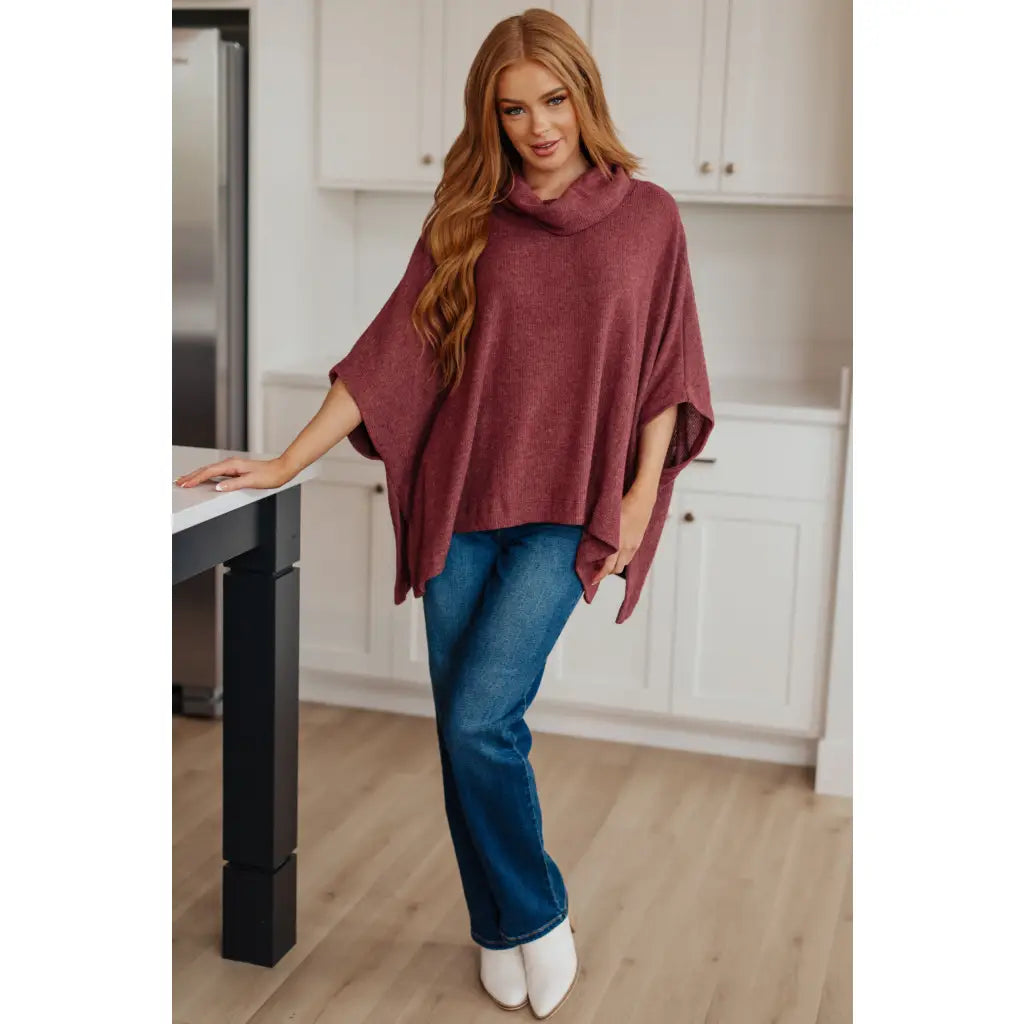 Our So Thankful Cowl Neck Poncho in Chestnut features a brushed ribbed hacci fabric for super soft and cozy texture