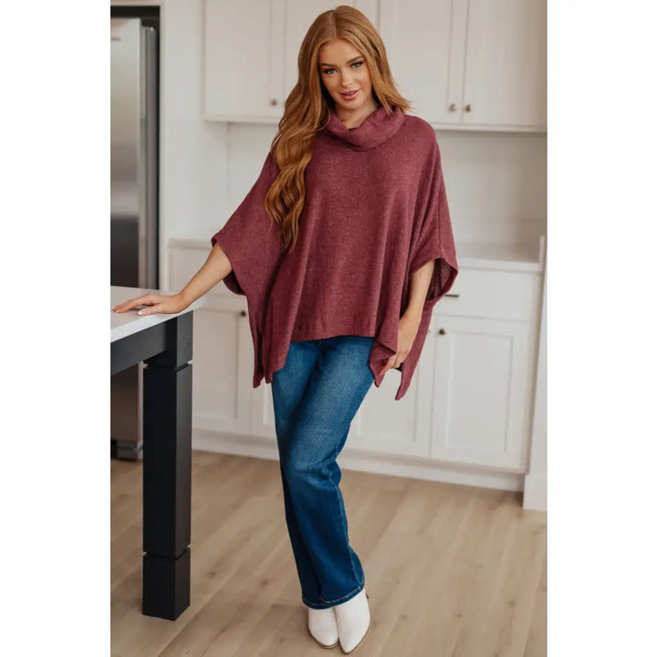 So Thankful Cowl Neck Poncho in Chestnut - Sweater