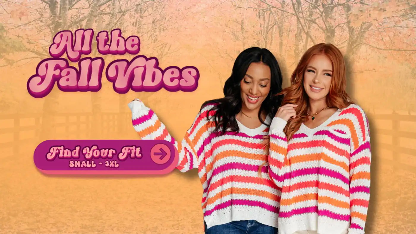 Two women wearing colorful striped sweaters with 'All the Fall Vibes' text and fall outdoor scenery behind them.