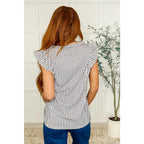 Vertical stripe ruffle sleeve top in soft white and charcoal. Stretchy rib knit boutique texture. SM to 3XL. Ships fast