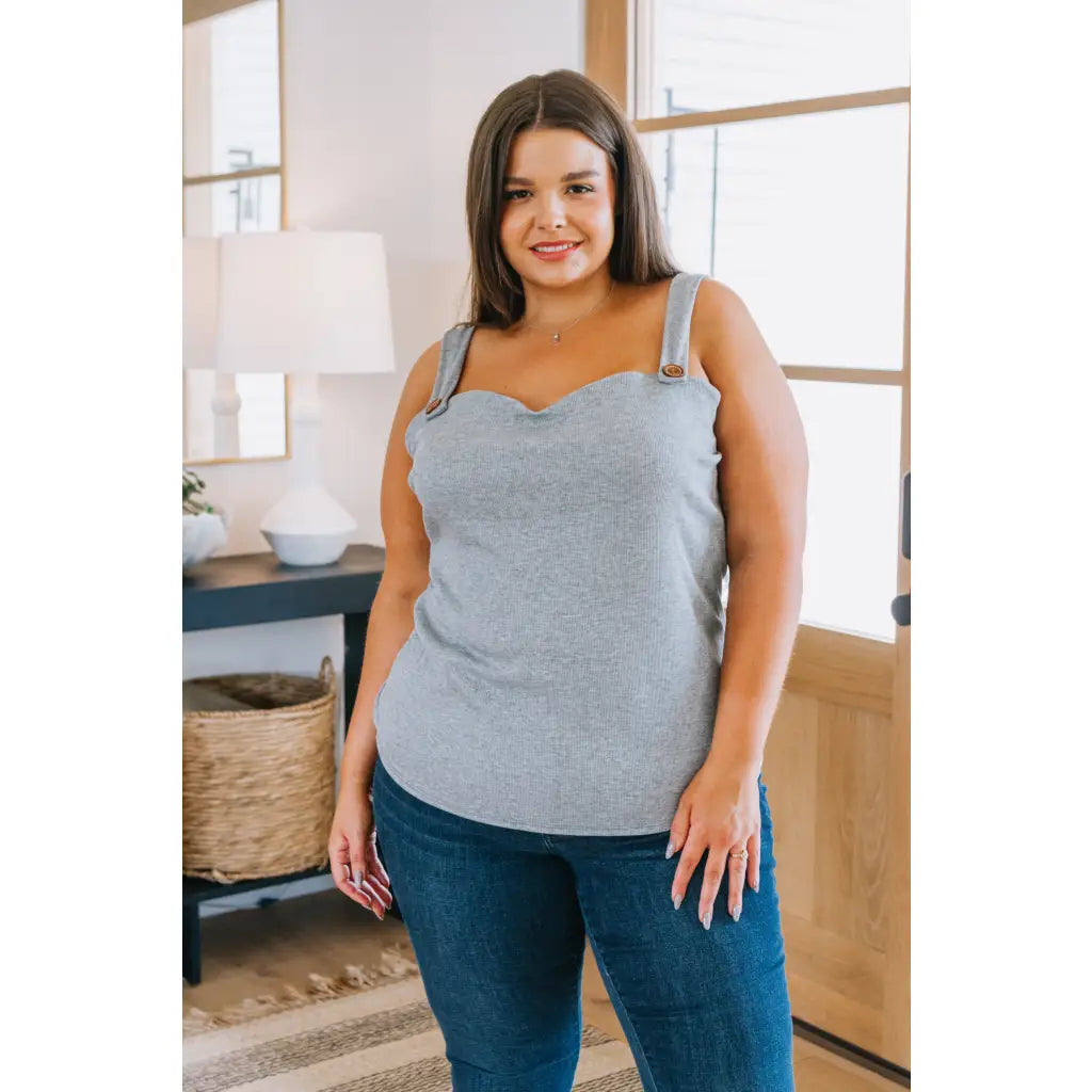 Shop the Such a Sweetheart Ribbed Tank in Grey comes SM to 3XL. Flattering ribbed knit with stretch plus size-friendly