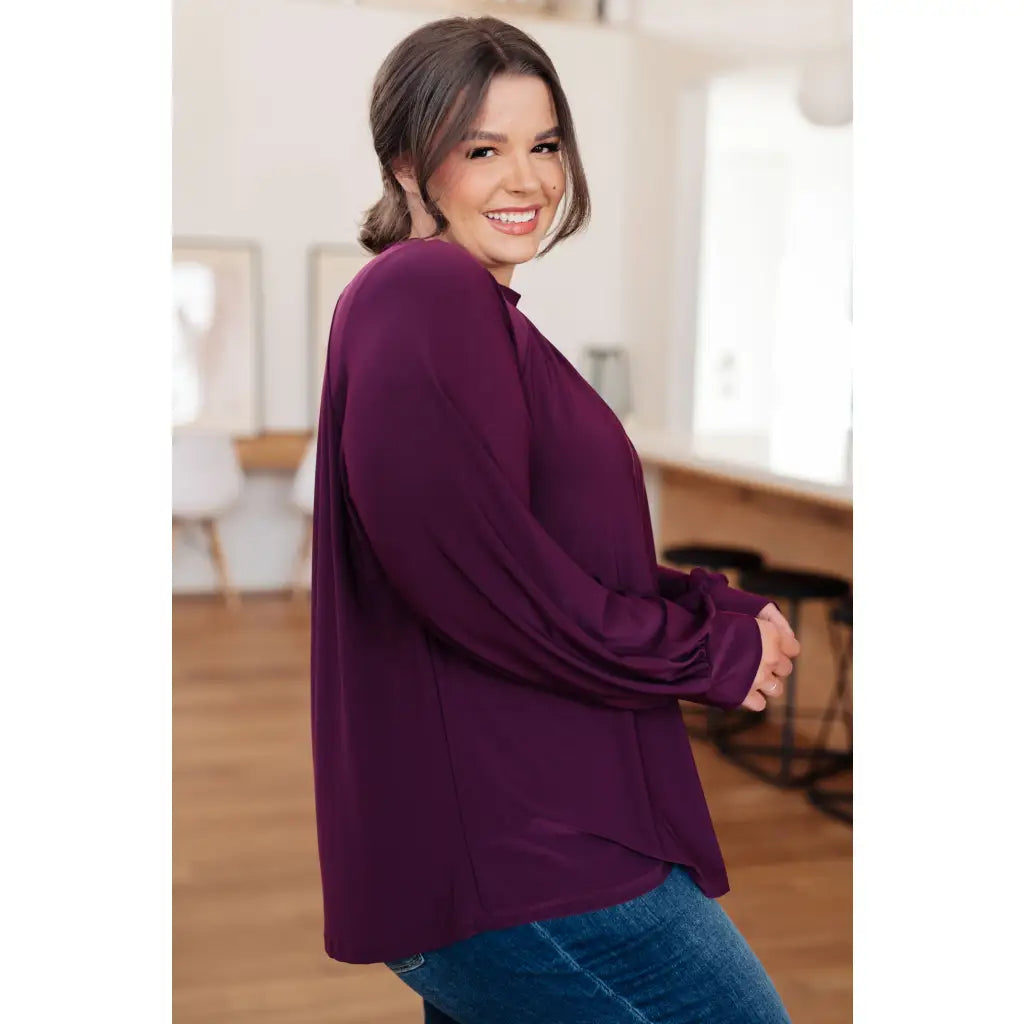 Our Sugar Plum Mock Neck Blouse is the perfect addition to your wardrobe. The stretchy and wrinkle resistant bulgari