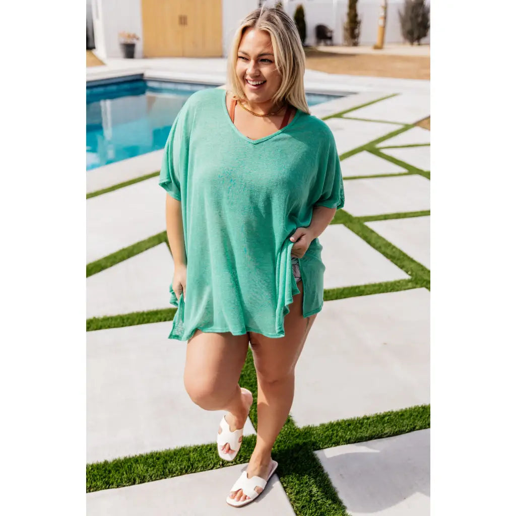 Chic Kelly green coverup top with sheer slub knit. Wear it as a or — extremely oversized fit dolman sleeves for breezy