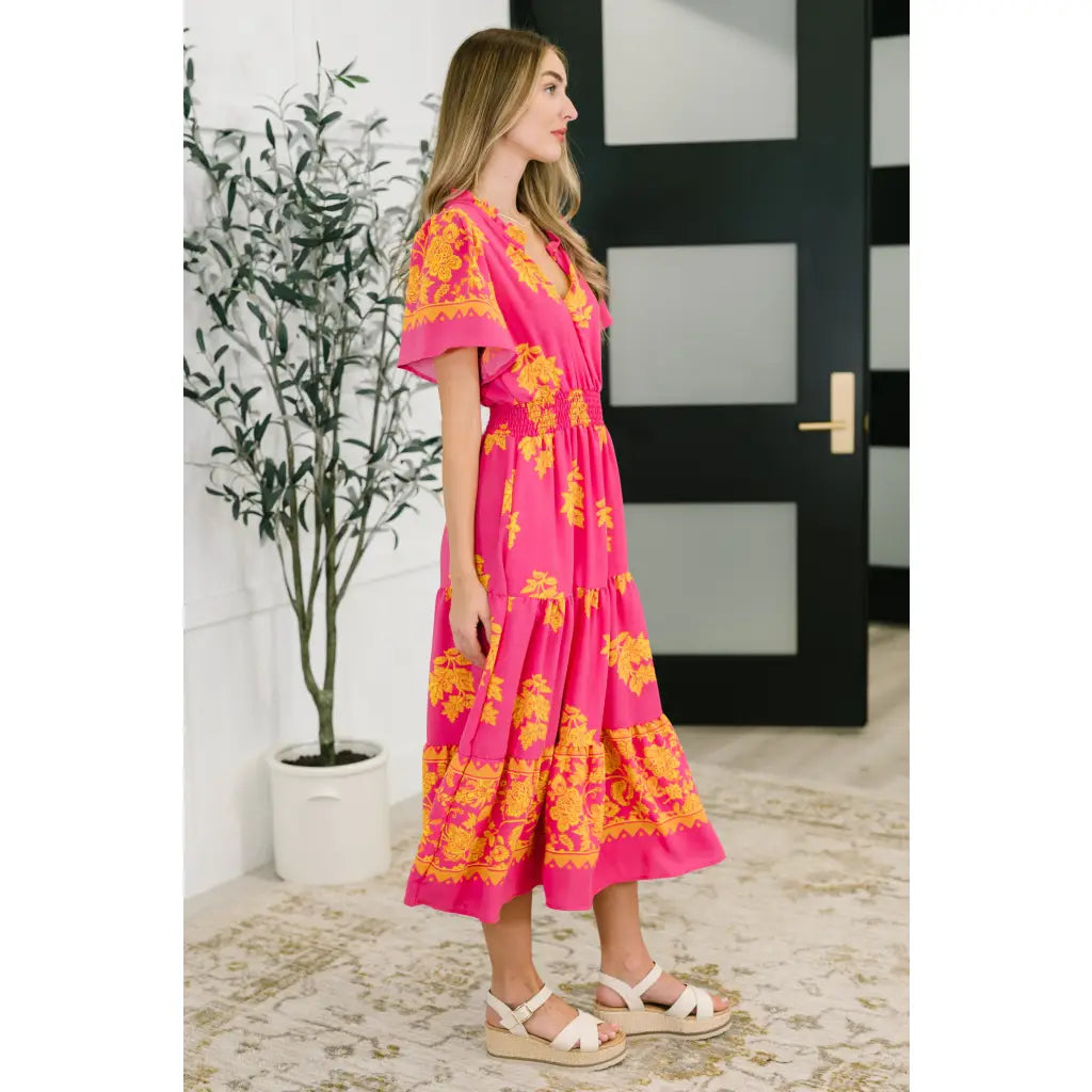Brighten your day in the Sunshine Serenade Midi Dress a vibrant pink plus size friendly dress with pockets flutter