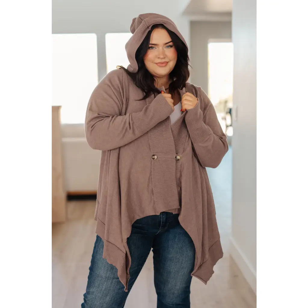 Lightweight plus size friendly cardigan in cotton knit with hood ribbed accents and waterfall hem is a perfect layering