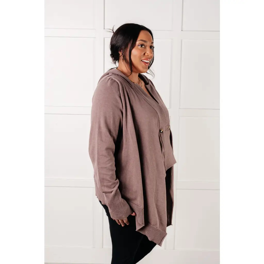 Lightweight plus size friendly cardigan in cotton knit with hood ribbed accents and waterfall hem is a perfect layering