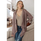 Lightweight plus size friendly cardigan in cotton knit with hood ribbed accents and waterfall hem is a perfect layering