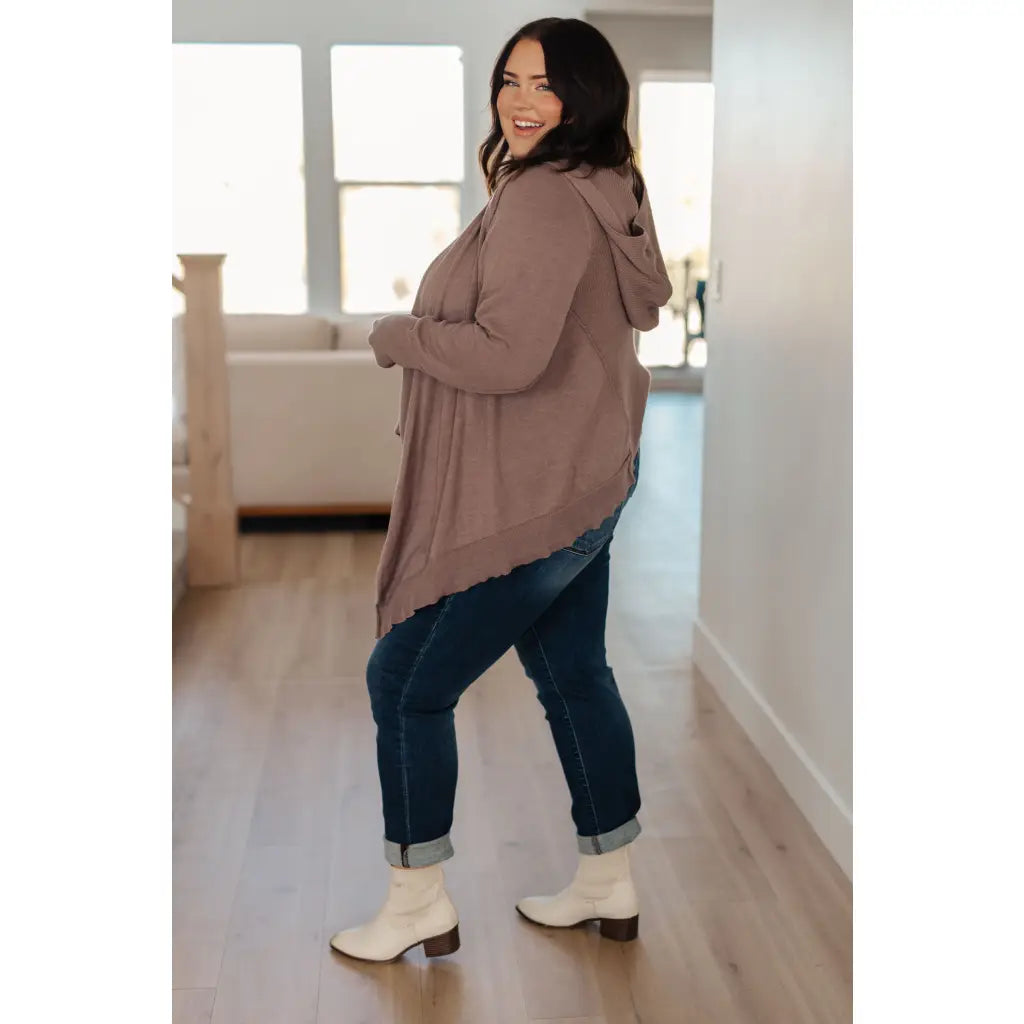 Lightweight plus size friendly cardigan in cotton knit with hood ribbed accents and waterfall hem is a perfect layering