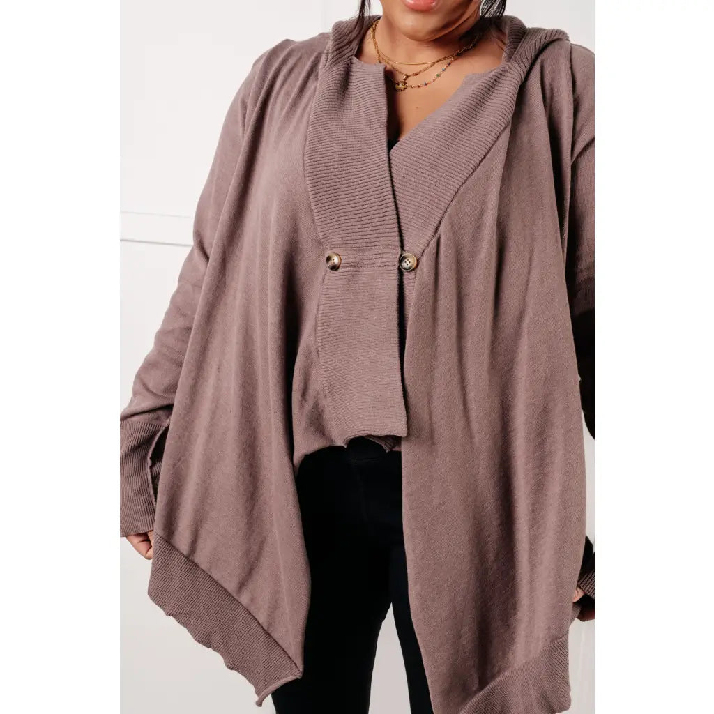 Lightweight plus size friendly cardigan in cotton knit with hood ribbed accents and waterfall hem is a perfect layering